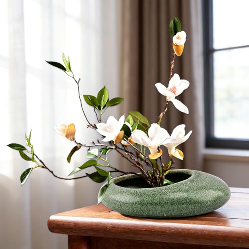 Japanese Ikebana Vase Kit w/ 1.57" Kenzan, Ceramic Pebble Bowl - color: Green