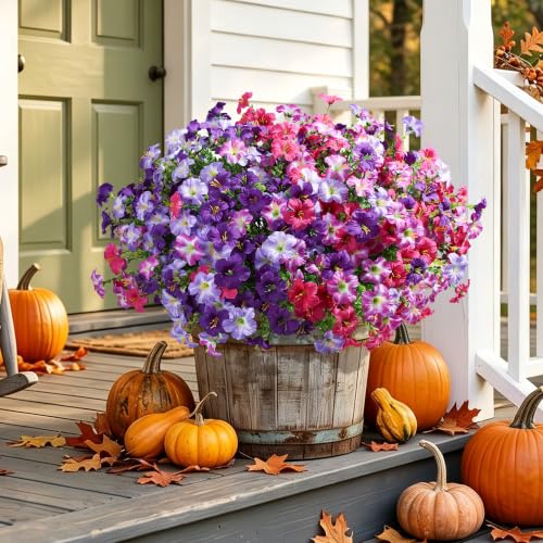 Artificial Flowers for Outdoors Fake Plants Outside Decoration, 20 Bundles Silk Petunia with Eucalyptus UV Resistant Realistic Faux Flowers for Outdoor Planters Garden Balcony Yard Porch Patio, Mix - color: 4mix(5 Purple, 5 Gradient Purple, 5 Fuchsia, 5 G