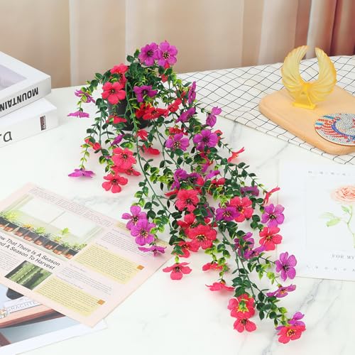 Fake Plants Hanging Artificial Potted Faux Eucalyptus Plants and Flowers for Modern Boho Farmhouse Bathroom Office Desk Wall Book Shelf Living Room Aesthetic Decor Indoor (Purple & Rose Red) - color: Purple & Rose Red
