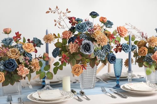 YYHUAWU Artificial Flowers Combo Set Fake Flower Leaf Box with Stems for DIY Wedding Bouquets Centerpieces Flower Arrangements Decorations Baby Shower Party Home Decorations - color: Blue & Brown