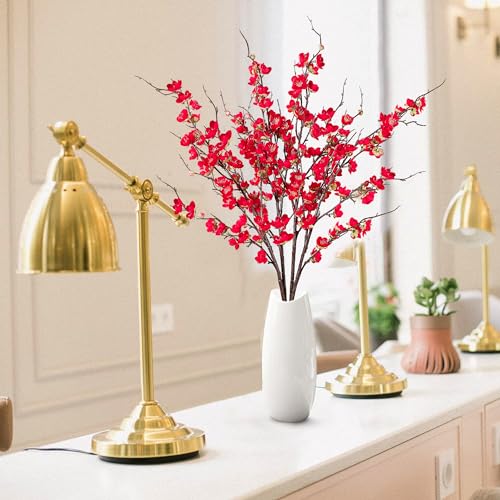 Sggvecsy Artificial Plum Blossom Flowers 4 Pcs Faux Cherry Blossom Stems Faux Silk Plum Blossom Branches 36.2’’ Fake Flowers Long Stems for Vase Arrangements Home Wedding Table Decor (Red) - color: Red