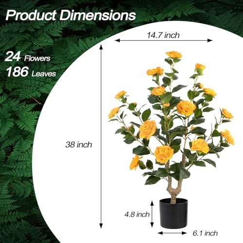 Artificial Camellia Tree 2 Pack - Realistic Camellia Plants in Pot with Orange Flowers, Lifelike Faux Greenery for Living Room, Patio, or Wedding, Orange - color: 2 Pack Orange