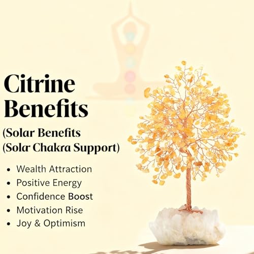 Gemstone Crystal Tree of Life,Natural Citrine with Row Clear Quartz Base,Chakra Healing Crystals Positive Energy Fengshui Decor Bonsai Money Tree,Home Decor Gift Height 8.5-9 Inches - color: Citrine Tree With Quartz Base