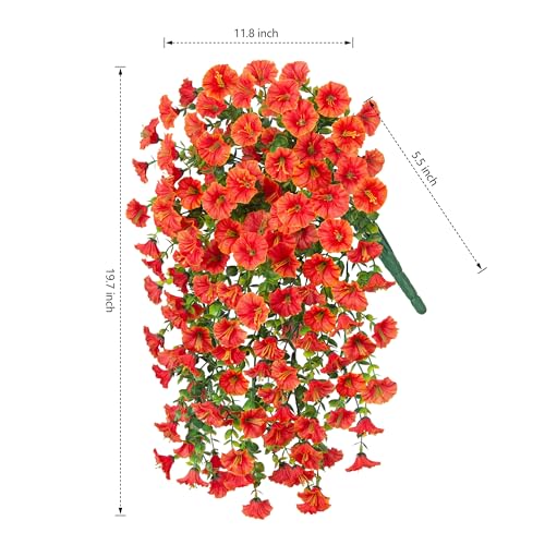 HyeFlora Artificial Faux Hanging Flowers Plants for Outdoor Decor,2 PCS Fake Silk Morning Glory with Eucalyptus UV Resistant Realistic Mums for Wall Home Porch Patio Balcony Yard Indoor Decor, Orange - color: Orange With Green Leaves