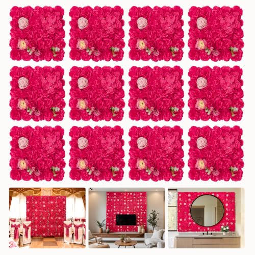 Flower Wall Backdrop 12 pcs 16.5x16.5 Inch Floral Wall Panel Artificial 3D Silk Rose Wall Decor Ideal for Wedding Celebrations, Festive Party Backdrops, and Home Decor-Rose Red - color: Rose Red