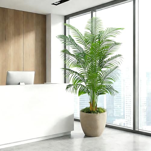 2 Pack Artificial Palm Tree Indoor Plant 7FT Tall Fake Tropical Palm Tree in Pot, Real Bark Design Faux Areca Palm Tree for Home Office Living Room Bedroom Farmhouse Modern Outdoor Topiary Tree - size: 7FT-2