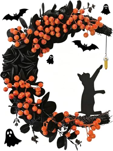 Halloween Wreaths for Front Door, Flower Moon Cat Halloween Home Decoration, Family Gathering Decoration Wreath，Outdoor, Wall, Closet, Fence, Wreath Christmas (Little Fruit) - color: Little Fruit