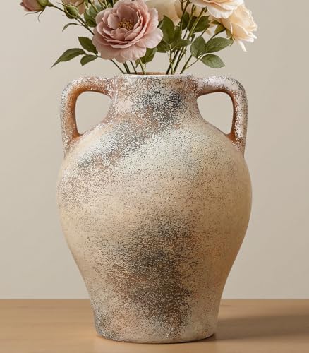 Ceramic Flower Vase, 8.7" Rustic Farmhouse Table Vase, Decorative Pottery Vase with Glazed Interior for Fresh Flowers, Eucalyptus, Entryway, Kitchen, Shelf and Bedroom Decor - color: Rustic-5.9"l X 5.9"w X 8.7"h