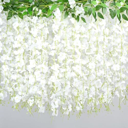 BSMYBO 30 Branches Wisteria Hanging Flowers White Artificial Wisteria Hanging Flowers Garlands Vine for Wedding Arch Party Ceremony Home Garden Backdrop Wall Decoration (2 Pack) - color: White, size: 2 Pack