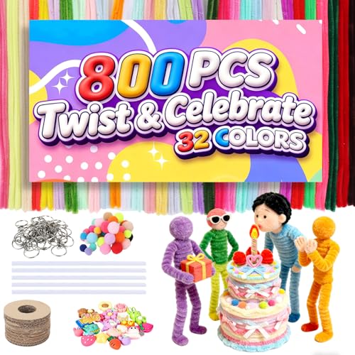 800Pcs Pipe Cleaners Craft, 32 Colors Pipe Cleaner Bulk, Thick Fluffy Chenille Stems, Crafting Supplies with Decorative Beads, Keychain, Round Cardstock & Assorted Pom Poms, DIY Projects for Gift - color: 800 Pcs 32 Colors-Donuts