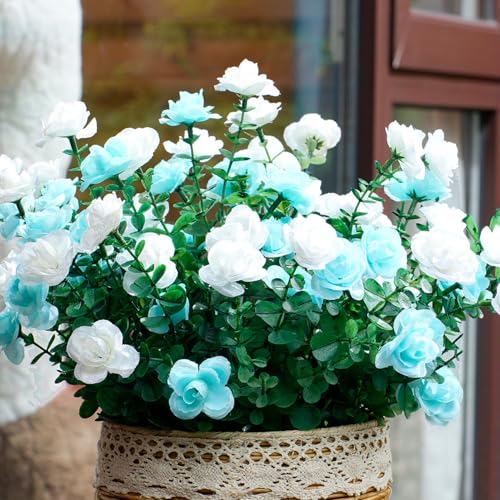 PONKING Artificial Flowers for Outdoors Patio Decoration 6 Bundles Fake Flower Rose Head UV Resistant Faux Plants Yard Garden Porch Home Boxwood Patio Independence Day Decor, Mix Blue & White Flower - color: C White Blue Rose 6pcs