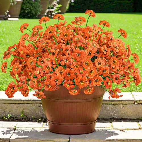 Krissing 48 Bundles Outdoor Artificial Flowers UV Resistant Fake Flowers Faux Plastic Flowers Plants Outside Garden Porch Window Box Fall Decor (Orange) - color: All Orange
