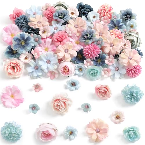 rongflower Faux Flower Heads Mini Blue Pink Artificial Flower Heads Fake Peony Daisy Rose Flowers Multicolor Small Silk Daisy Flower Heads for Craft Garland Wedding Party DIY Home Decoration,2-4 cm - color: Blue Pink