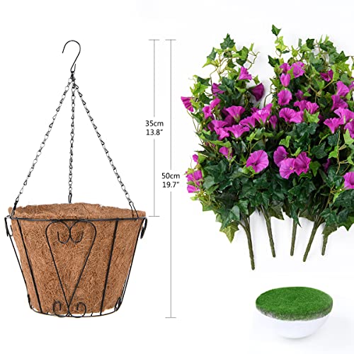Homsunny Artificial Vine Silk Petunia Flowers Hanging Plant in Basket, Coconut Lining Basket Hanging Plant for Patio Lawn Garden Porch Spring Decor (Purple) - color: Dark Purple