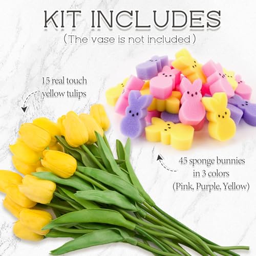 ORIENTAL CHERRY Easter Decorations - Easter Peeps Decor - 15 Artificial Tulips with 45 Bunnies Vase Filler Set, Spring Home Indoor Decoration Centerpieces for Tables - style: 15 Yellow Tulips with 45 Peeps Bunnies