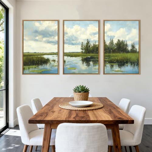 BINCUE Framed Green Nature Wall Art Lake Scenery Wall Decor Landscape Art Print Green Nature Landscape Artwork Green Plants Wall Pictures for Living Room Bedroom Office Farmhouse 16 x24 Inches Set of 3 Gift - color: Farmhouse Landscape, size: 24"L x 16"W