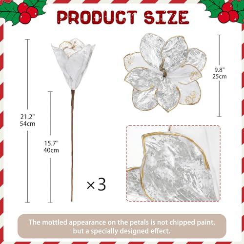 Briful Magnolia Artificial Flowers 21.2" White Silver Fake Magnolia Flower Stems with Specially Designed Mottled Petals Christmas Tree Flowers for Holiday Wreath Garland Xmas Decor - color: White Silver