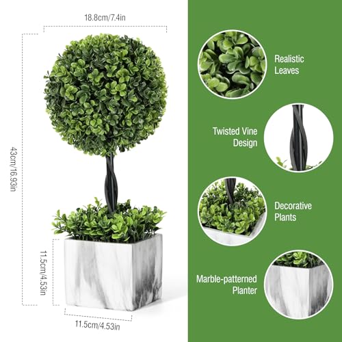 Lewondr 16'' Artificial Topiary Ball Tree, Small Potted Fake Plants, Artificial Boxwood Plants with White Planter Pot, Outdoor Indoor Realistic Faux Shrubs Tree for Home Office Porch Decor, Set of 1 - size: 1 Pack