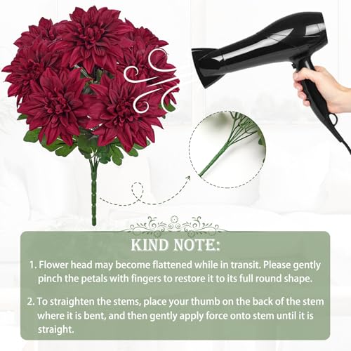 Hollyone Dark Red Artificial Dahlia Flowers Bush 7 Heads Silk Fake Dahlias Flowers with Stems Wedding Bouquets Faux Dahlia Flowers Arrangements for Outdoor Indoor DIY Table Centerpieces Home Decor - color: Dark Red