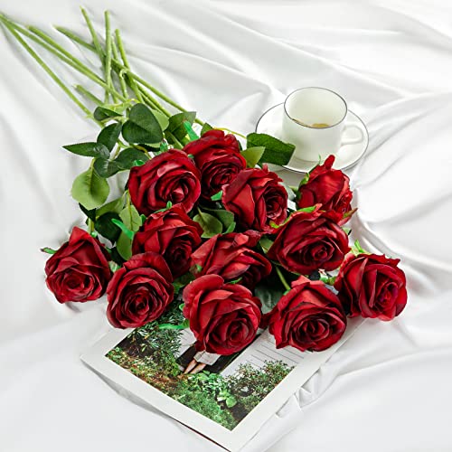 Burgundy Fake Roses Artificial Flowers - 10 Pcs Fake Artificial Roses Silk Flowers with Stems for Home Wedding Hotel Office Centerpiece Decor（Burgundy） - color: Burgundy, size: 10 Pcs