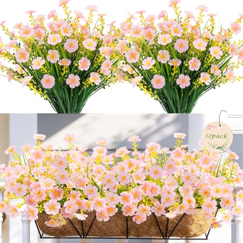 MACTING Artificial Flowers for Outdoors 12 Bundles UV Resistant Fake Flowers No Fade Faux Outdoor Plants for Indoor Outside Planters Garden Porch Yard Window Home Summer Decorations(Pink) - color: Pink, size: 12PCS