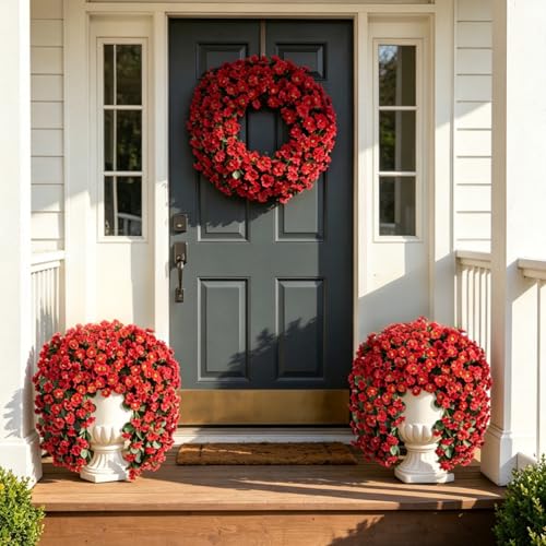 INXUGAO Artificial Fake Hanging Flowers Plants for Outdoor Summer Decoration,2 PCS Faux Silk Fuchsia Orchid Long Vines Stems Bouquet UV Resistant for Wall Home Porch Patio Outside(Red) - color: B-red