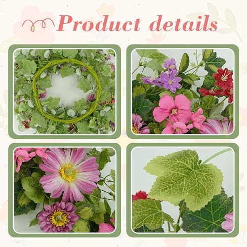YNYLCHMX 20" Spring Summer Wreaths for Front Door, Artificial Floral Wreath with Pink Daisy & Green Eucalyptus Leaves, Green Foliage Wreath for Wall Window Farmhouse Party Holiday Home Decor - color: Pink Daisy