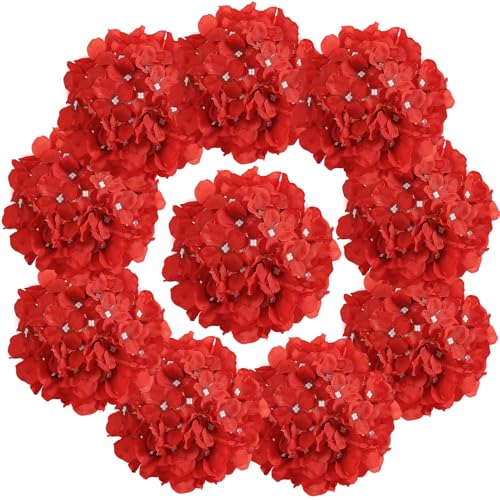 Auihiay 10PCS Hydrangea Artificial Flowers, Faux RedFlower for Wedding Centerpieces, DIY Bouquets, Bridal Shower, Floral Decor Home Decoration with Stems - color: Red