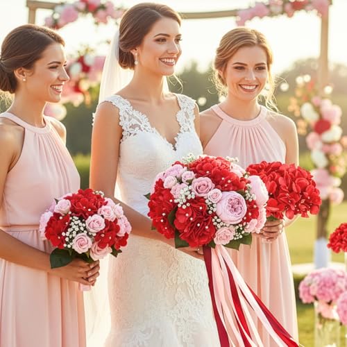 Auihiay 64pcs Hydrangea Artificial Flowers, Red Fake Hydrangea Flowers with Stems, Artificial Hydrangea Flowers for Wedding Centerpieces, Home Garden Party Decoration (Red) - color: Red