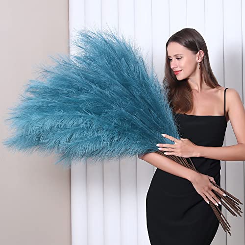 8 Pcs 45 inch Tall Faux Pampas Grass Decor, Large Artificial Blue Pompous Grass Bulk, Long Fake Pompas for Floor Vase Filler, Wedding, Baby Shower, Home and Boho Decor (Blue) - color: Blue
