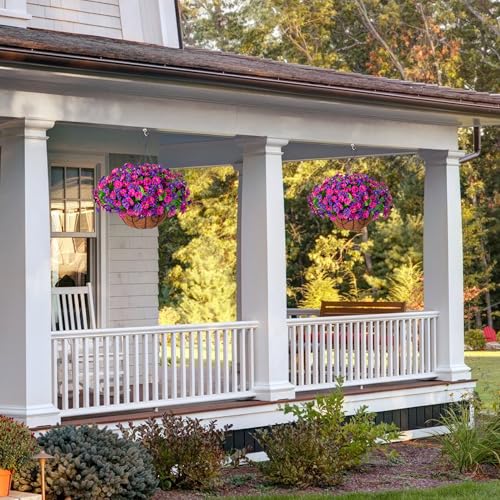 Ammyoo Artificial Fake Hanging Flowers with Basket, Faux Silk Morning Glory Flower Arrangement for Spring Summer Decor, Hanging Plant for Patio Garden Porch Outdoor Decor - color: Dark Purple Purple-red