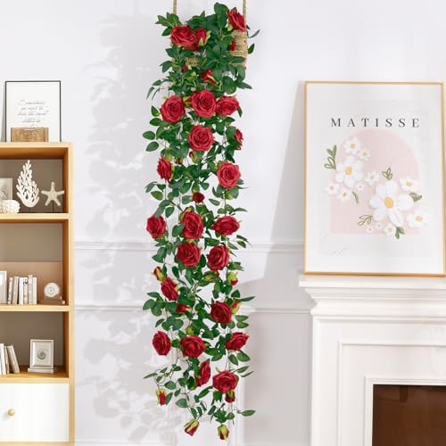 U'Artlines 3 Pack Artificial Red Rose Vines Floral Garlands Total 19.5 Ft Fake Vine Silk Flower Garland for Indoor Outdoor Home Wedding Arch Garden Wall Decoration - color: Red, size: Set of 3
