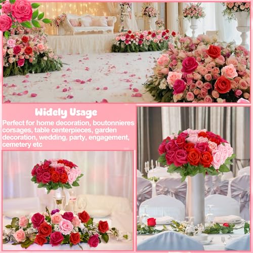 36 Pcs Mixed Pink Red Artificial Roses with Long Stems, Fake Silk Rose Artificial Flowers Bulk for Bridal Wedding Bouquet Centerpiece Ball Arrangement Party Decor - color: Mixed Pink, Red