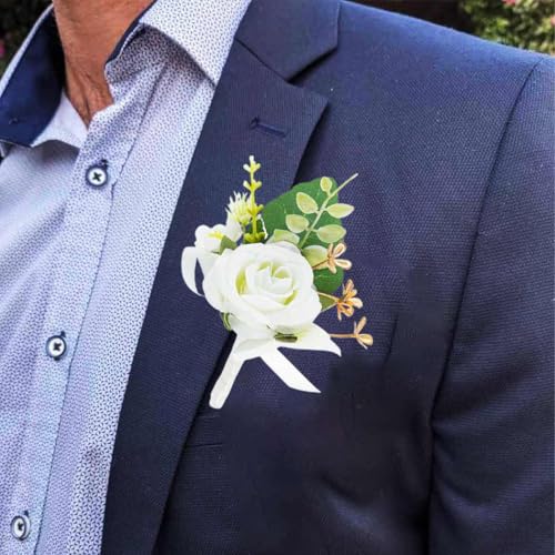 Rose Boutonniere for Men White Groom Flower Boutonniere Pin for Wedding (White) - color: White