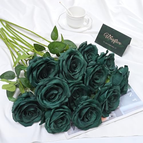 Waipfaru 16 Pcs St Patricks Day Roses, Long Stem Fake Roses Artificial Flowers, Silk Flowers for Valentines, Roses Bouquet Peacock Green Home Decor - color: Emerald Green, size: 16 Pcs