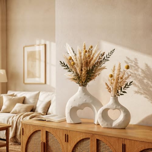 Ceramic Heart Flower Vase Home Decor Set of 2, Farmhouse Table Vases Rustic Vintage Living Room Kitchen Bedroom Decorations for House Book Shelf Office Coffee Desk Dining Fireplace - color: Large Cream White