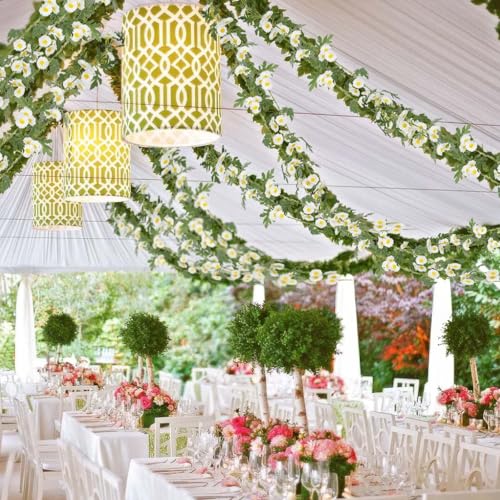 2 Pcs Wildflower Garland Spring Flowers Garland 12 FT White Artificial Daisy Flowers and Leaves Faux Floral Vine for Mantle Baby Shower Wedding Arch Porch Staircase Summer Decor - color: White