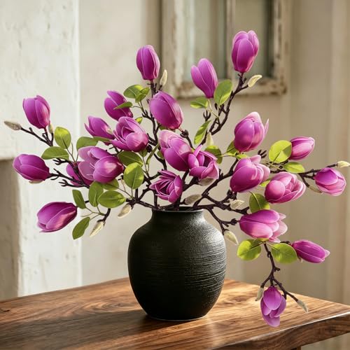 6PCS Artificial Magnolia Flowers Stems for Spring Decoration,26In Artificial Purple Fake Flowers with Buds Faux Long Stem Floral Arrangement for Vase Table Centerpiece Indoor (Purple) - color: Purple