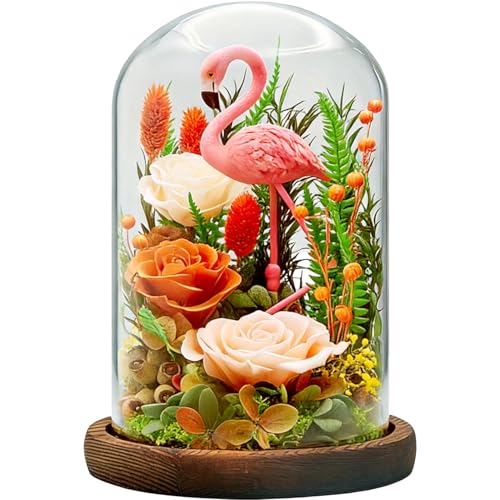 Eternal Flowers with Flamingo-Big Flower Big Love- Graduation Flowers Gifts for Daughter Wife Mom-Forever Flower in Glass Dome-Flowers for Delivery Prime on Anniversary Valentines Birthday(Champagne) - color: Champagne