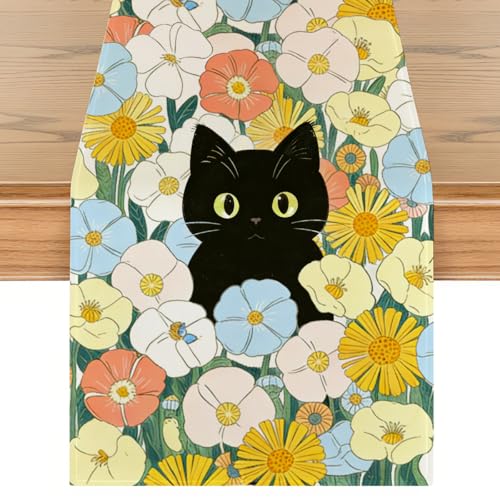 Black Cat Spring Table Runners Floral Spring Table Runner for Home Cat Floral Decorations for Home Office Kitchen Living Room Apartment Farmhouse 13 x 72 Inch - color: Black Cat 05