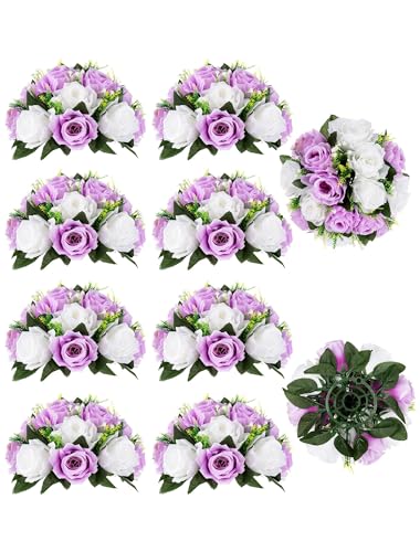 BLOSMON Lilac Flowers Balls for Centerpieces: 10 Pcs Purple White Fake Roses Flower for Wedding Table - Artificial Silk Kissing Bouquet Floral Arrangement Center for Home Party Event Decor | Purple White artificial Floral Arrangement for Wedding - Faux Si