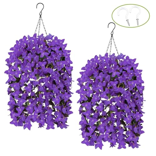 Artificial Bougainvillea Fake Artificial Flower Hanging Baskets for Outdoors Outside Decoration 2 Set Purple Silk UV Resistant Flower Long Trailing Realistic for Front Porch Patio Balcony Spring