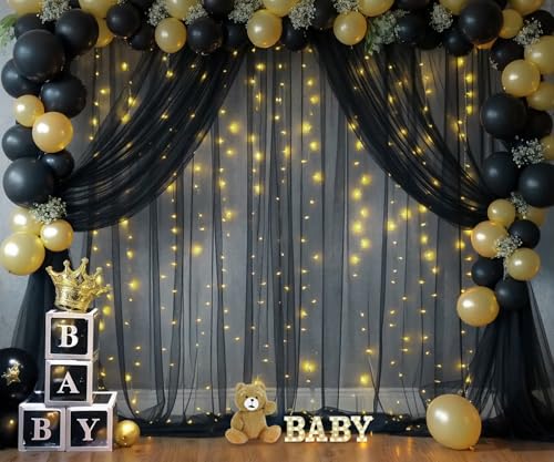 Black Sheer Backdrop Curtains with Lights String for Parties Birthday 10ft × 8ft Black Tulle Backdrop Curtain for Baby Shower Wedding Graduation Halloween Party Photo Shoot Decorations - color: Black, size: 10 ft X 8 ft(2 Panels 5ft X 8ft)
