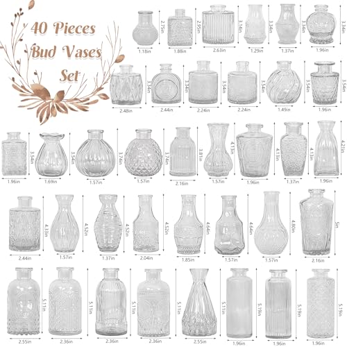 Set of 40 Glass Bud Vases, Small Clear Glass Vases in Bulk, Mini Vintage Embossed Flower Vase for Wedding, Centerpieces, Birthday Party, Home Table Decorations, Baby Shower (Clear) - color: Clear