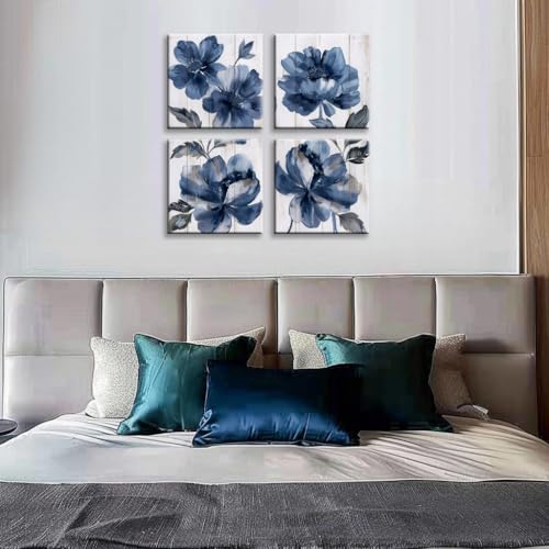 BQVCT 4 Piece Blue Floral Wall Art White Wood Canvas Prints Grey and Navy Flowers in The Style of Watercolor Painting Vintage Flora Wall Decor for Bedroom Kitchen 12"x12" - color: Navy/white