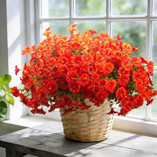 Grunyia Artificial Faux Flowers for Outdoor 16 Bundles Boxwood Fake Morning Glory for Planter,UV Resistant Fake Flowers for Home Porch Patio Outside (Orange) - color: Orange