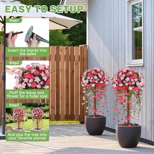 Grooy Artificial Plants Flowers Topiary Ball for Outdoor, 2 Pack Fake Silk Morning Glory Plant Bushes, UV Resistant Realistic Plants Shurbs for Outside,Front Porch,Patio,Yard(Pink) - color: Pink Morning Glory