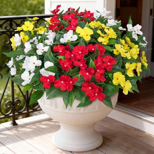 Artificial Flowers for Outdoors Decorations, 6 Bundles Realistic Impatiens Silk Faux Flowers UV Resistant Fake Plants for Outside Pot Patio Garden Porch Planters Window Box Balcony Indoor Home Decor - color: Multi Color