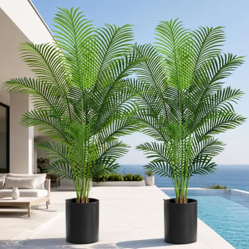 Artificial Palm Tree 6.2ft Tall Fake Palm Tree Indoor Decor with 18 Trunks and Real Bark Design Faux Tropical Areca Palm Silk Floor Plant in Pot for Home Office Living Room Bedroom Decor 2pcs - size: 6.2ft