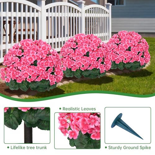 Artificial Begonia Topiary Trees Set of 2, Pink Fake Shrubs Bushes with Ground Spike, Faux Evergreen for Porch Plants, UV Resistant Artificial Flowers for Outdoors Indoor Front Garden - color: Pink Crabapple Blossoms
